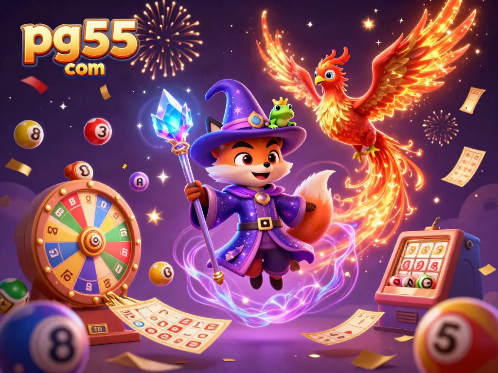 Engage with pg55 com through a vibrant illustration of a mystical wizard fox and a phoenix in a lively casino scene.