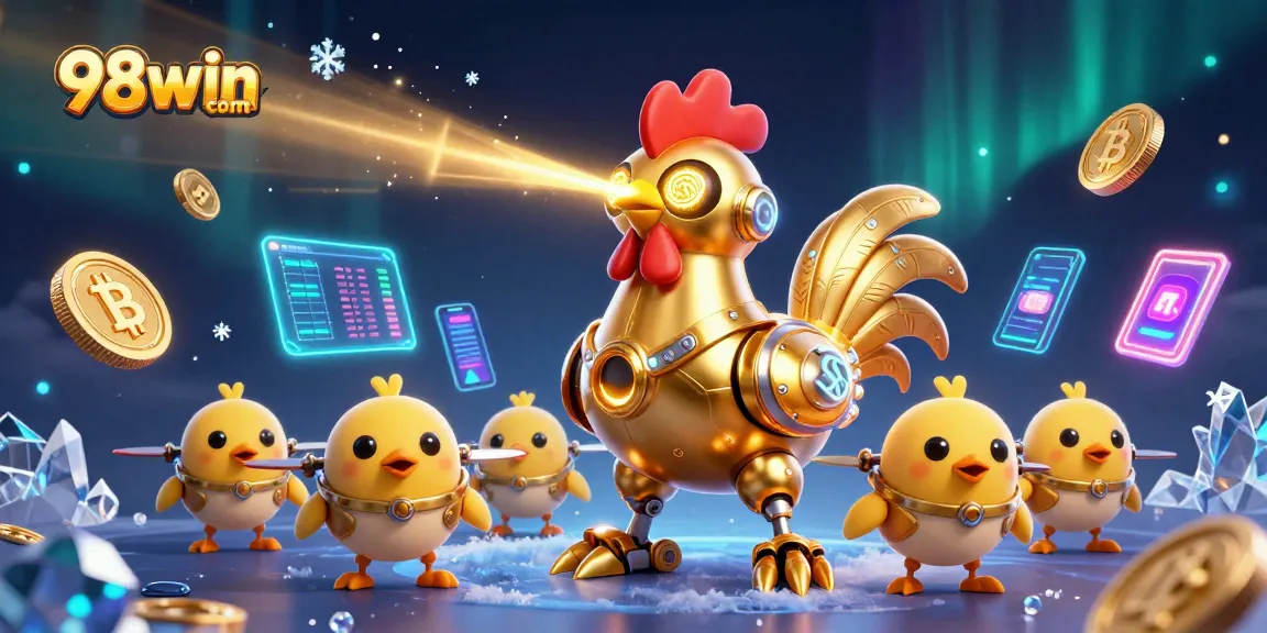 Engage in thrilling activities at 98win com with vibrant 3D casino illustrations showcasing crypto elements.