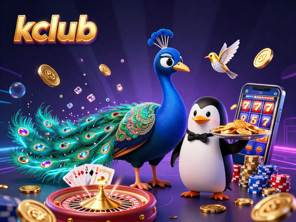Experience the excitement of kclub with vibrant casino elements and characters in a dynamic 3D illustration.