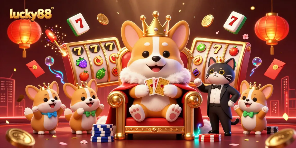 Engage in thrilling gameplay at lucky88 with vibrant 3D illustration of a royal corgi crowned, surrounded by colorful slot symbols and golden elements.