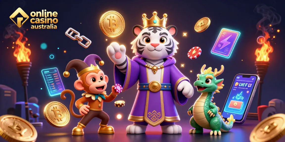 Engage with the exciting world of online casino Australia featuring a majestic tiger and playful monkey, while digital currencies enhance the scene.