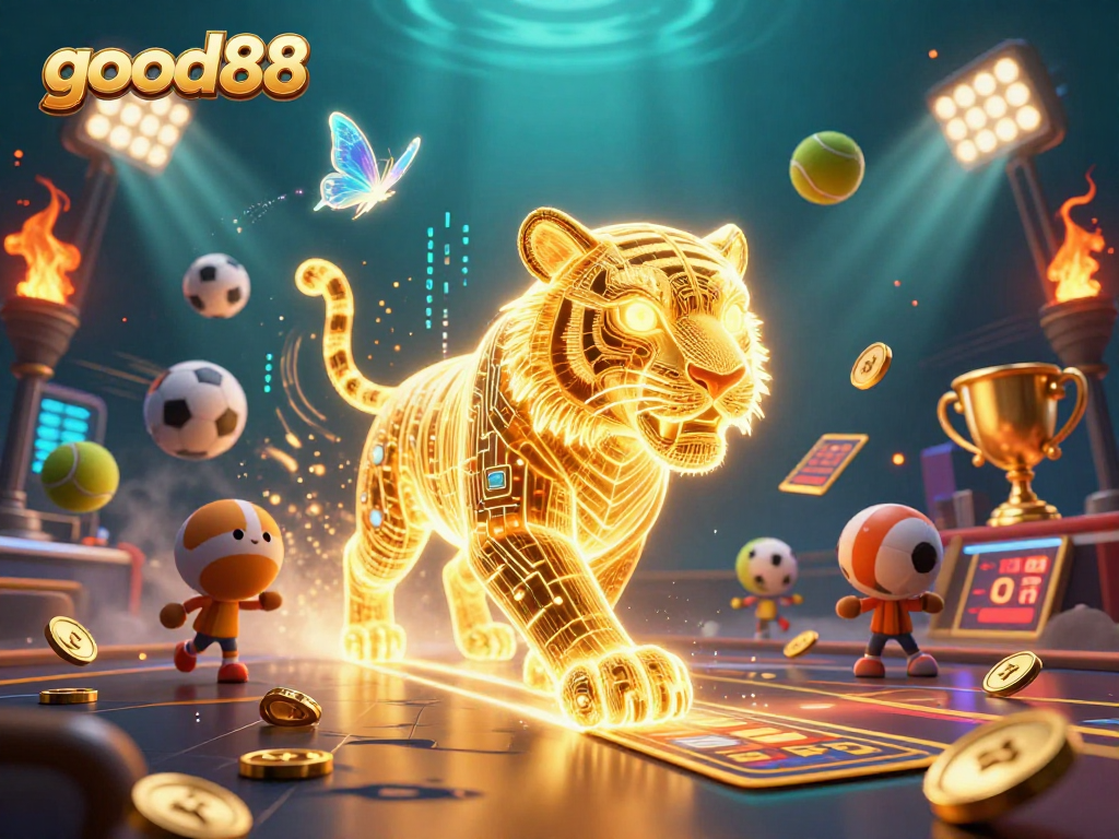 Experience the thrill of good88 with a golden tiger amidst dynamic sports betting elements in a casino.