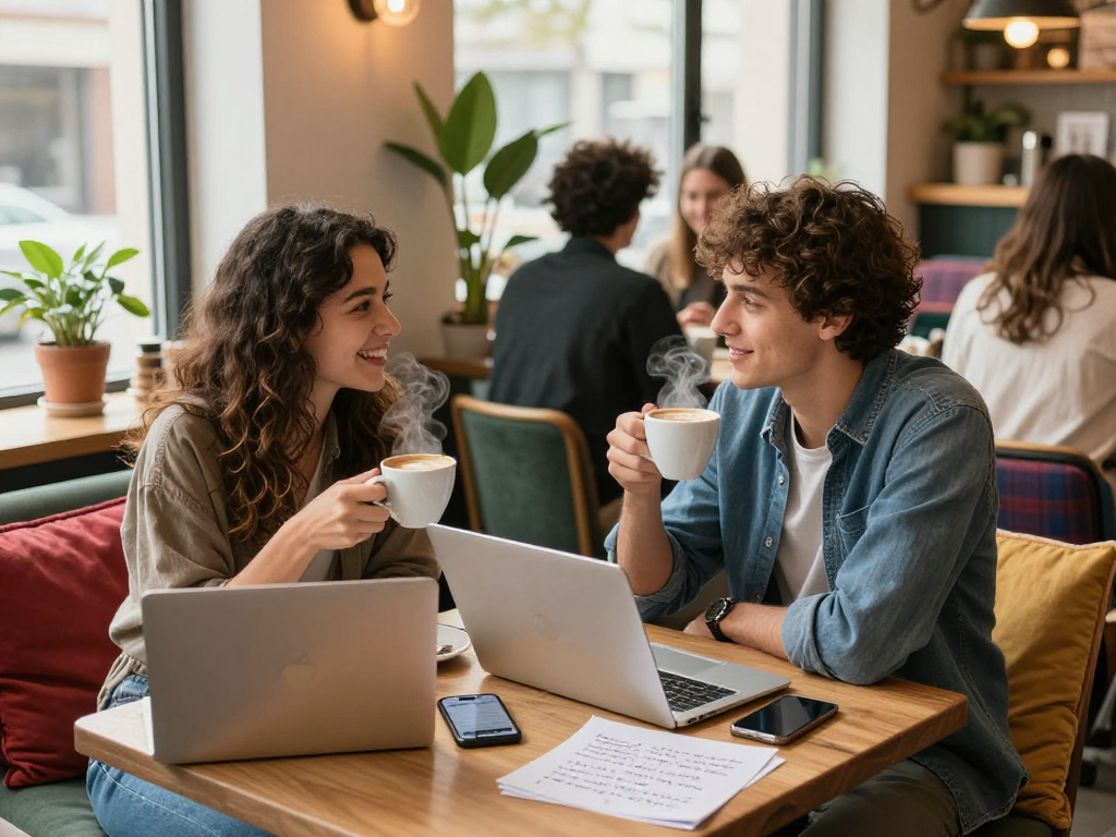 Young couple sipping coffee in a cozy café discussing f168 dating experiences, showcasing modern romance.