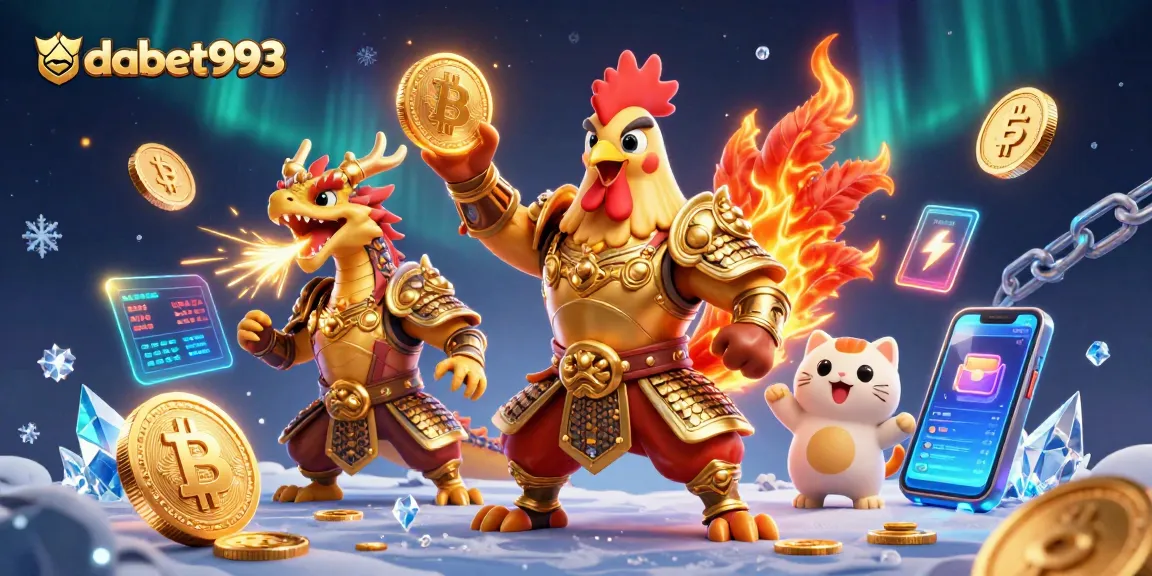 Engage in thrilling gaming with dabet993, featuring a warrior and dragon amidst crypto elements.