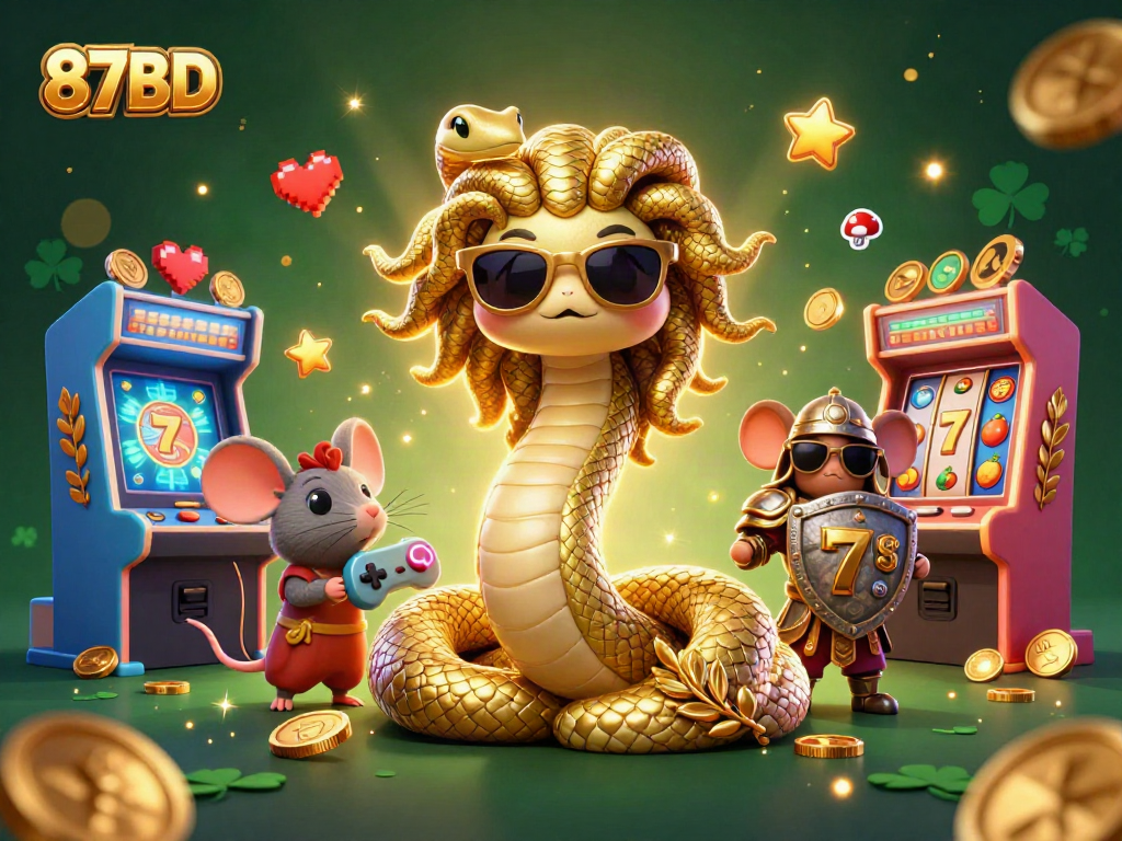 Engage with 87BD's vibrant casino scene featuring Medusa and arcade game elements.
