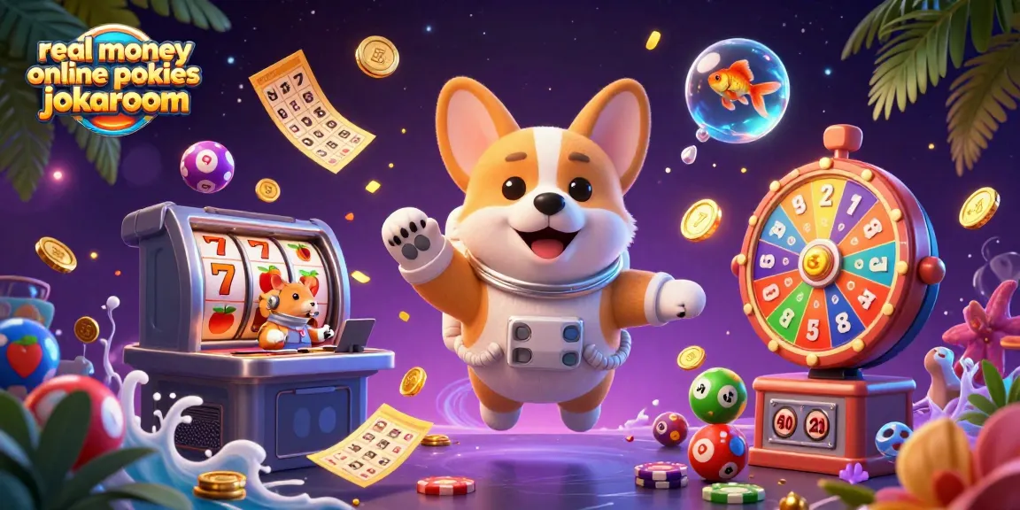 Experience real money online pokies jokaroom with a floating 3D corgi astronaut amidst vibrant casino elements