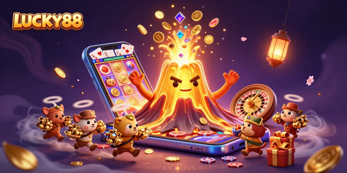 LUCKY88 visualizes a triumphant eruption of golden treasures and gaming excitement in a colorful, dynamic 3D scene.
