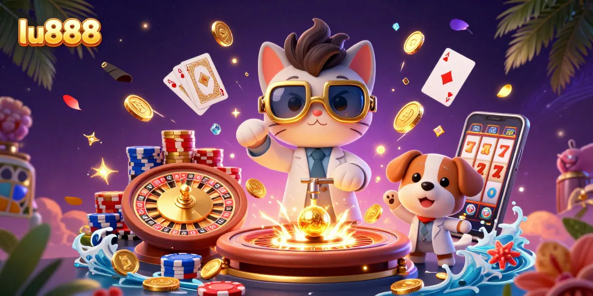 lu888 showcases a dynamic casino scene with a mad scientist cat and coins, embodying the thrill of winning.