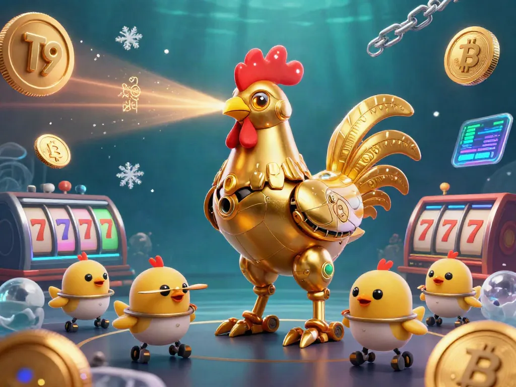 T19 showcases an engaging casino scene with a golden robot rooster and baby chick drones surrounded by vibrant cryptocurrency elements.