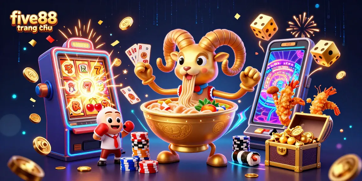 Engage with five88 trang chủ's dynamic gaming scene featuring a joyful ramen bowl dealer and vibrant casino elements.