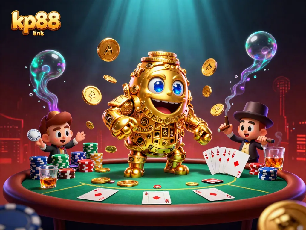 Enticing kp88 link illustration showcasing a golden golem and rich poker elements, perfect for online gambling.