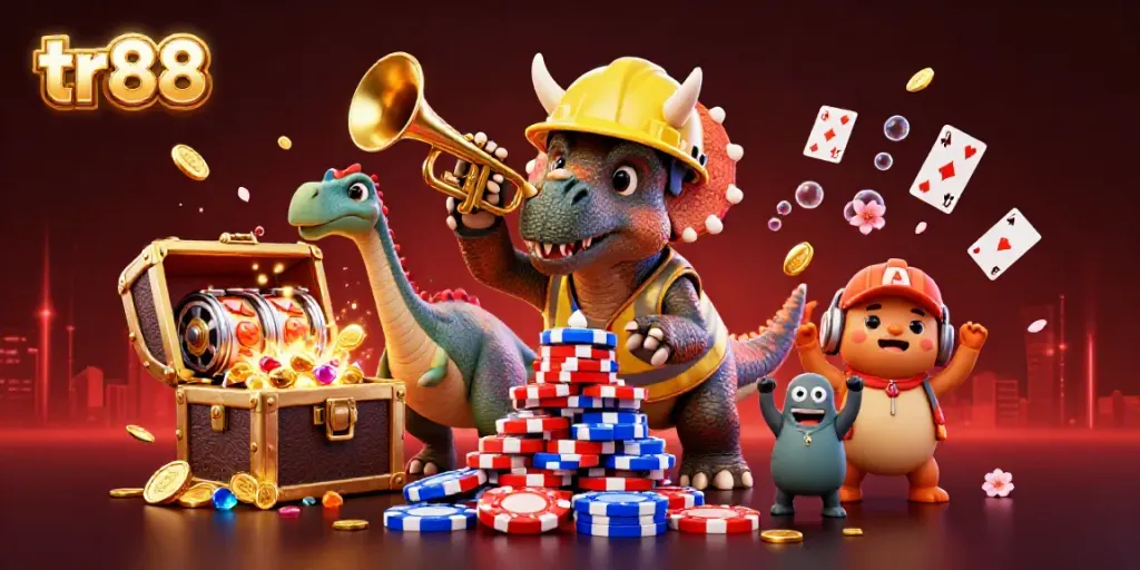 Experience the thrill of tr88 casino with vibrant 3D illustration featuring a triceratops building poker chips amidst dynamic gaming elements.