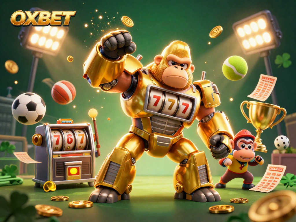 Experience OXBET's exciting gaming action with a golden gorilla mech bursting with coins and sports elements.
