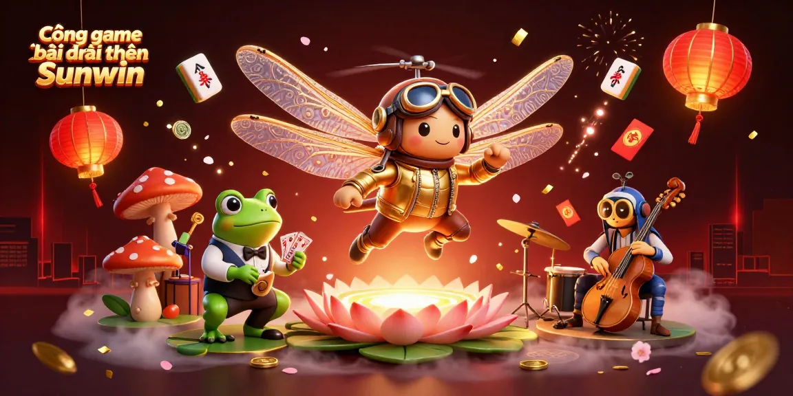 Cổng game bài đổi thưởng Sunwin showcases dynamic casino action with a cartoon dragonfly pilot and frog dealer amidst colorful game elements.
