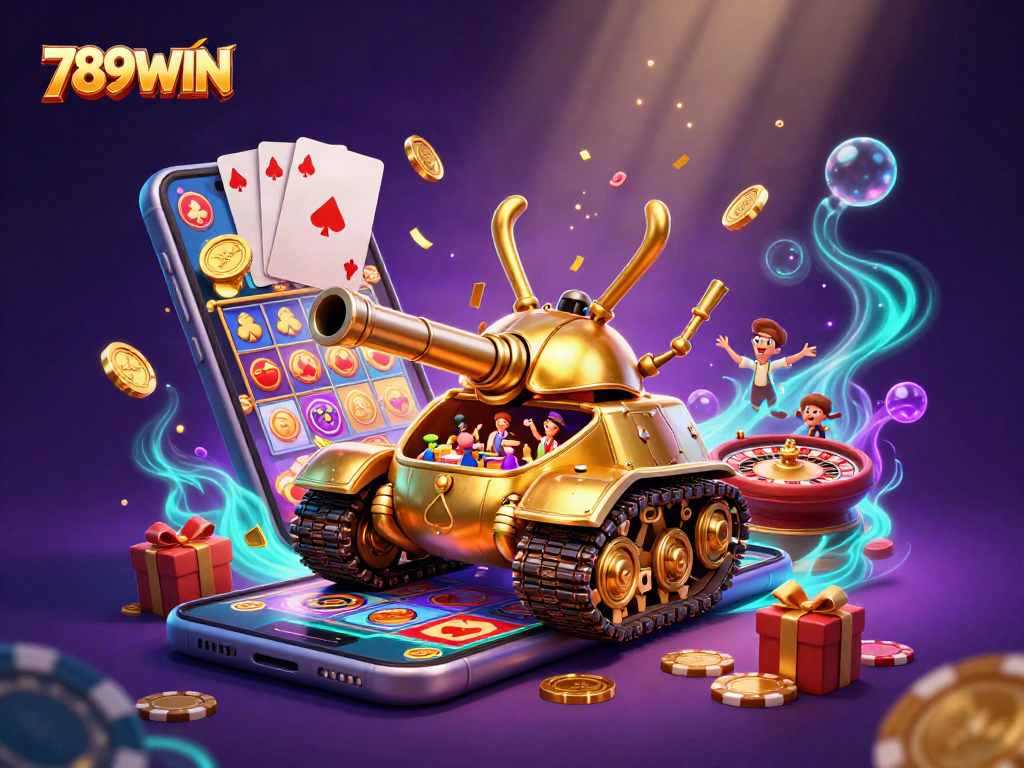 Experience the thrill of 789WIN in a vibrant 3D casino scene with golden beetle tank and slot games.