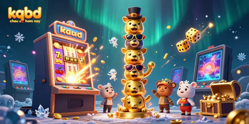 Engage with kqbd chau au hom nay through an exciting scene of vibrant 3D casino elements, jackpot symbols, and lively characters.