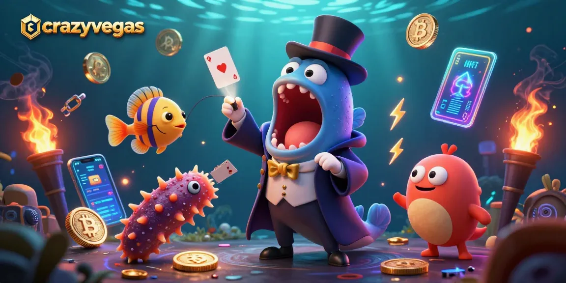 Spin with crazyvegas as a glowing eel performs card tricks in a vibrant underwater casino scene.