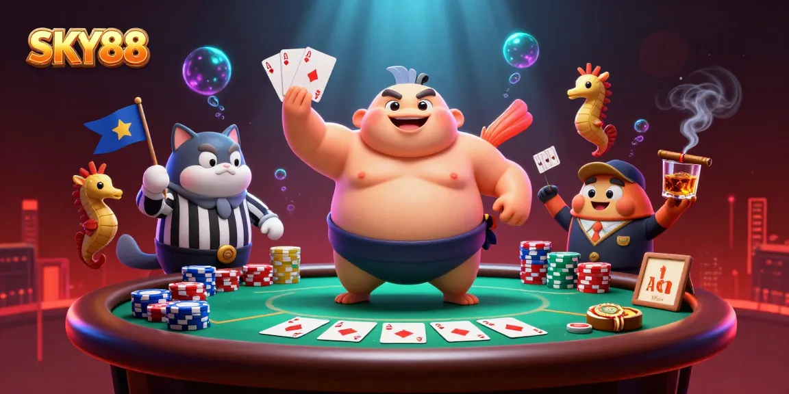 Engage in thrilling poker at SKY88's underwater casino featuring dynamic characters and vibrant elements.