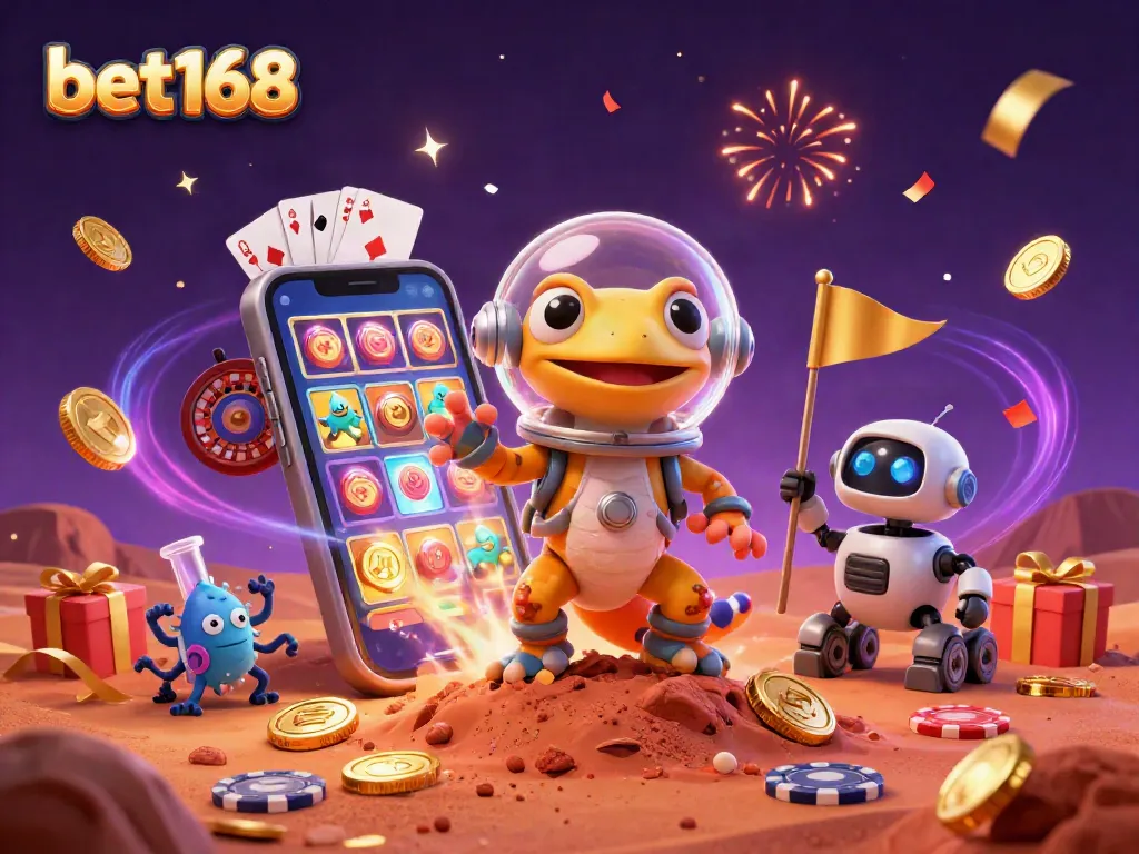 Bet168 offers a thrilling casino experience with a Martian gecko exploring a golden casino.