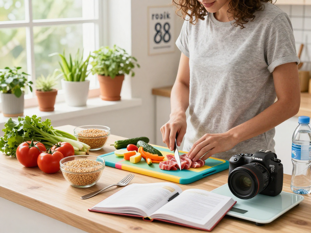Healthy meal prep with rokok 88 ingredients, colorful vegetables, and a caring cook in a bright kitchen.
