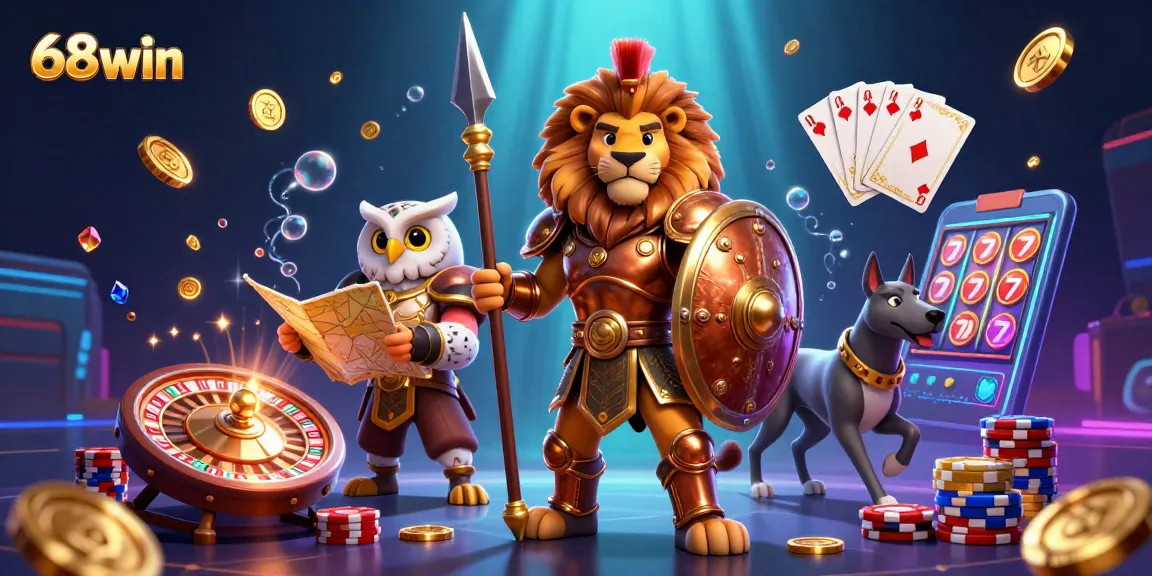 Experience excitement at 68win with a dynamic 3D casino scene featuring energetic characters and dazzling game elements.