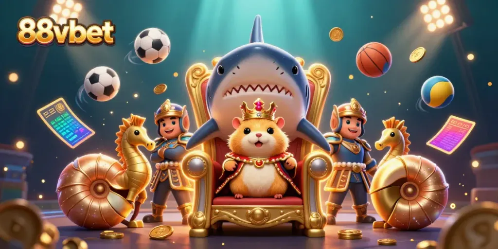 Engage with thrilling 88vbet adventures featuring a hamster king on a megalodon throne assorted with sports betting elements.