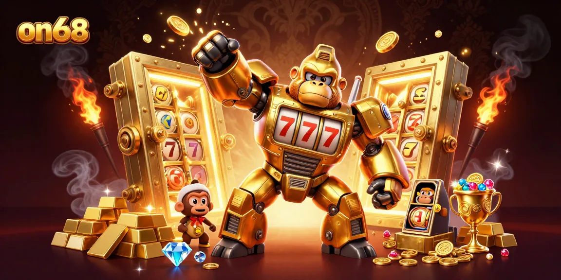 Join the excitement of on68 with a 3D golden gorilla mech amid coins and slot reels!
