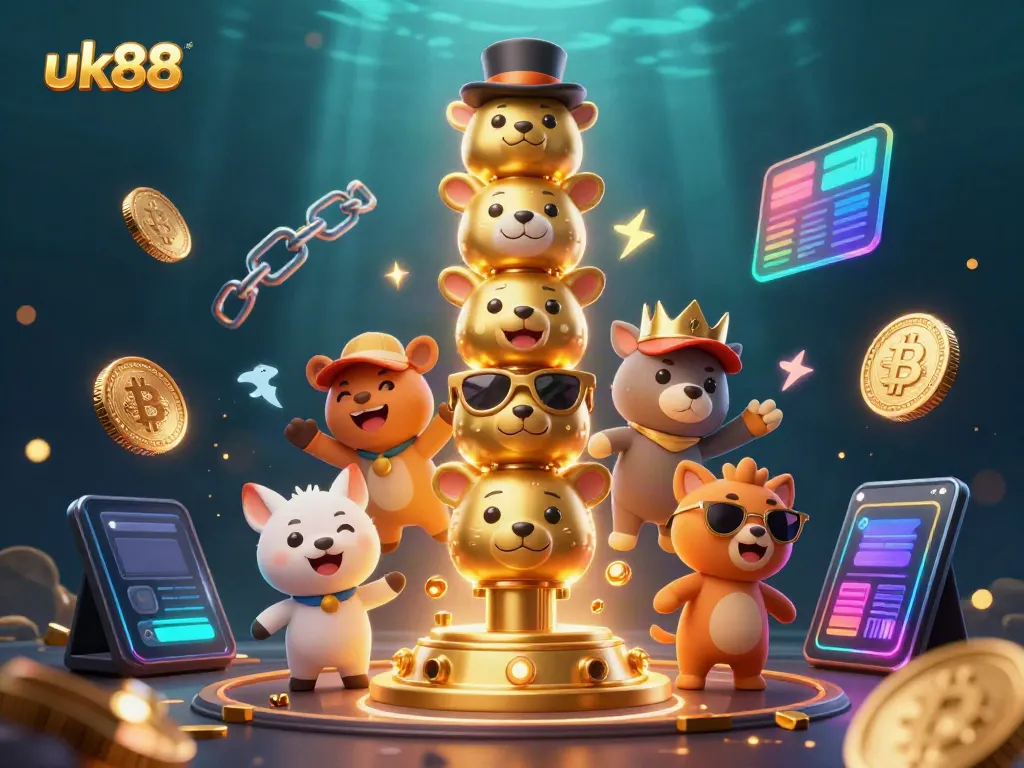 Experience the excitement of uk88 with golden totem poles and vibrant crypto elements in this 3D casino scene.