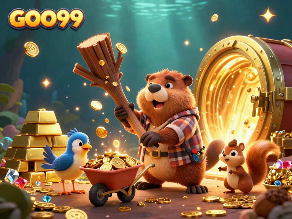 Engage with GOO99's vibrant gaming universe, featuring a beaver character amidst golden coins and jewels.