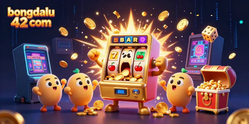 Bongdalu 42 com features an animated golden slot machine winning a jackpot, surrounded by smaller slot machines and festive elements.