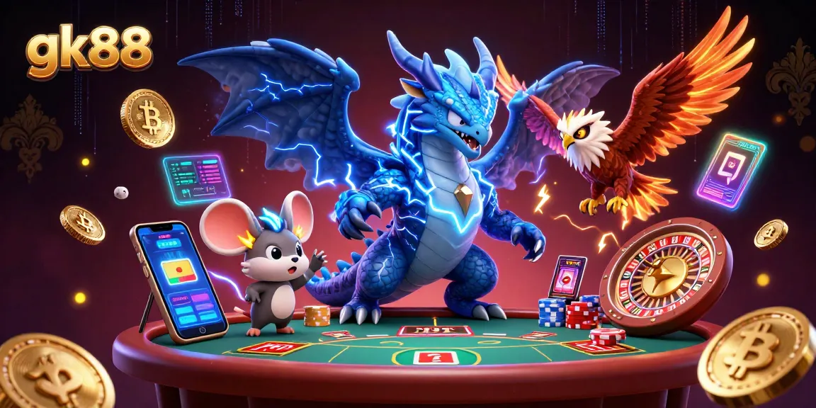 Play at gk88: 3D illustration featuring a thunder dragon, wind hawk, and casino elements for immersive gaming.