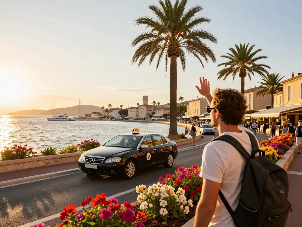 Scène de voyage mettant en vedette un Taxi à Saint-Tropez le long des magnifiques routes côtières au coucher du soleil.
