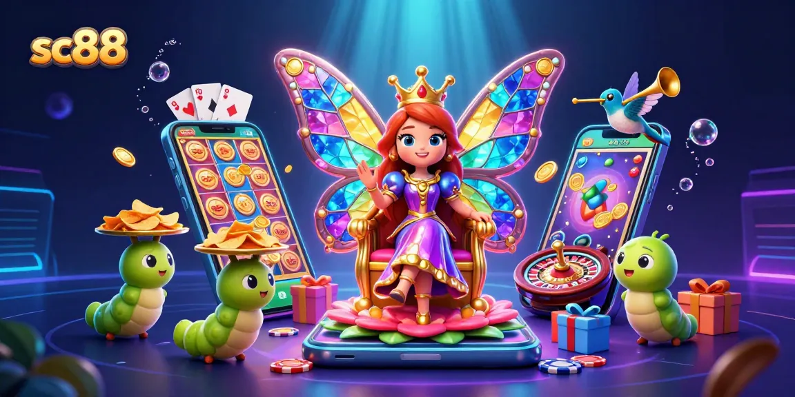 Spin to win on SC88 with a vibrant illustration featuring a butterfly queen and lively casino gaming elements.