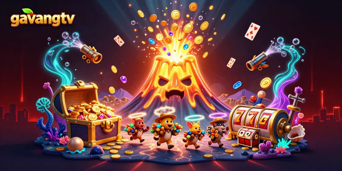 Enhance your slots experience with the vibrant gavangtv scene featuring a golden volcano and treasure galore.
