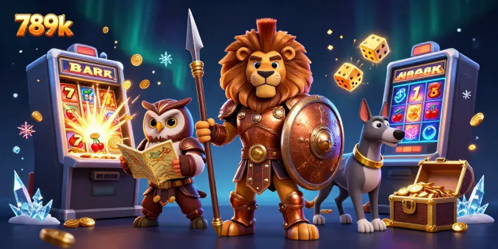 Engage with thrilling 789k gameplay, featuring a heroic Spartan lion and dynamic casino elements in a vibrant 3D scene.