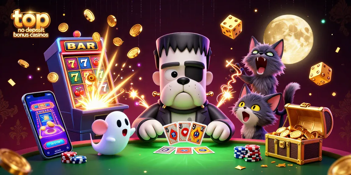 Engaging scene of top no deposit bonus casinos featuring characters and dynamic casino elements.