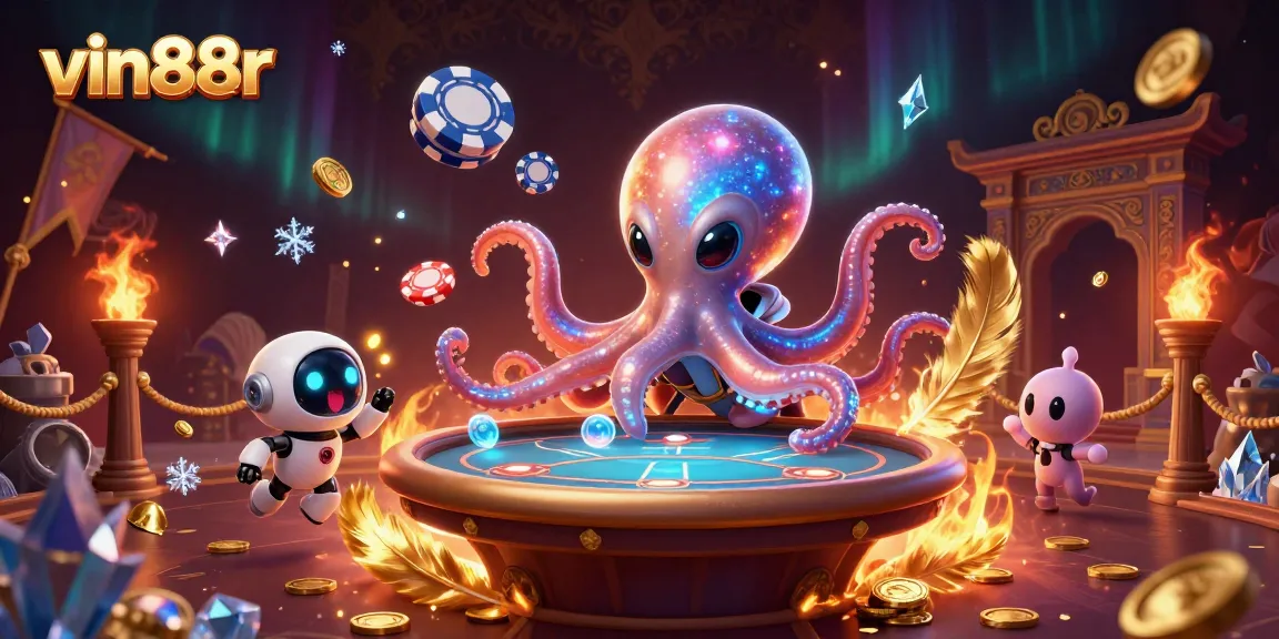 vin88r poker table animated by alien octopus in a vibrant 3D casino scene with detailed effects