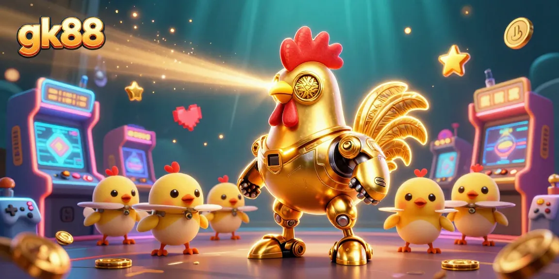 Engage in thrilling gaming with gk88's golden rooster robot and baby chick drones in a vibrant, action-packed casino scene.