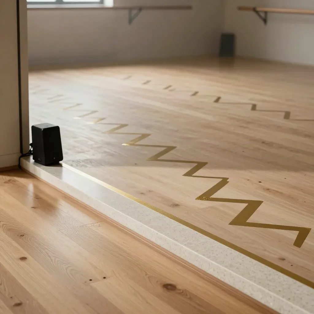 Repetitieruimte met zigzag tape op de vloer en een speaker bij de deur in zacht studiolicht.