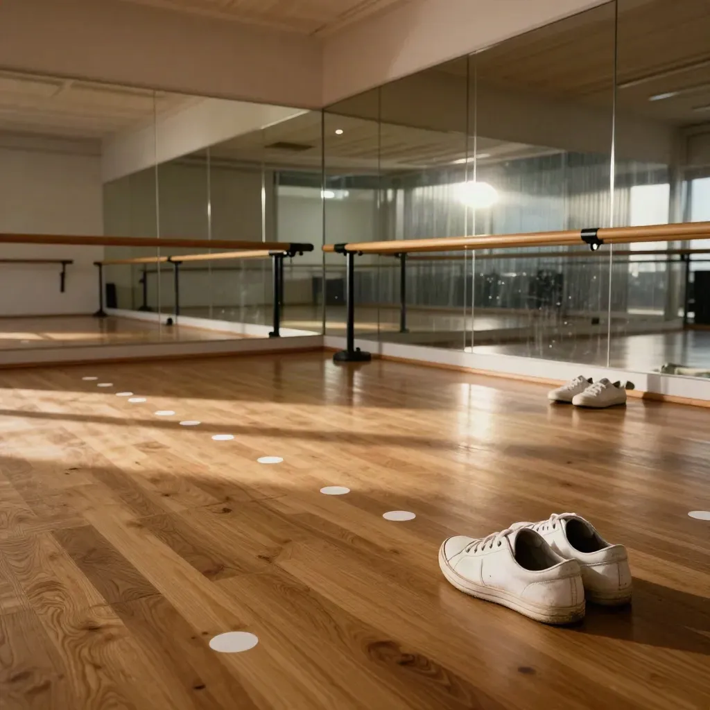 Lege danszaal met vloerpunten, sneakers bij de barre en een spiegelwand in warm licht.