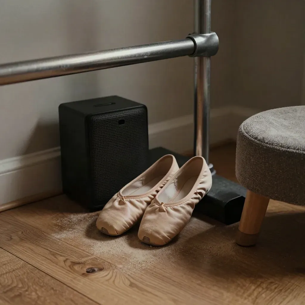 Close-up van barre, schoenen, speaker en kruk in een dansstudio