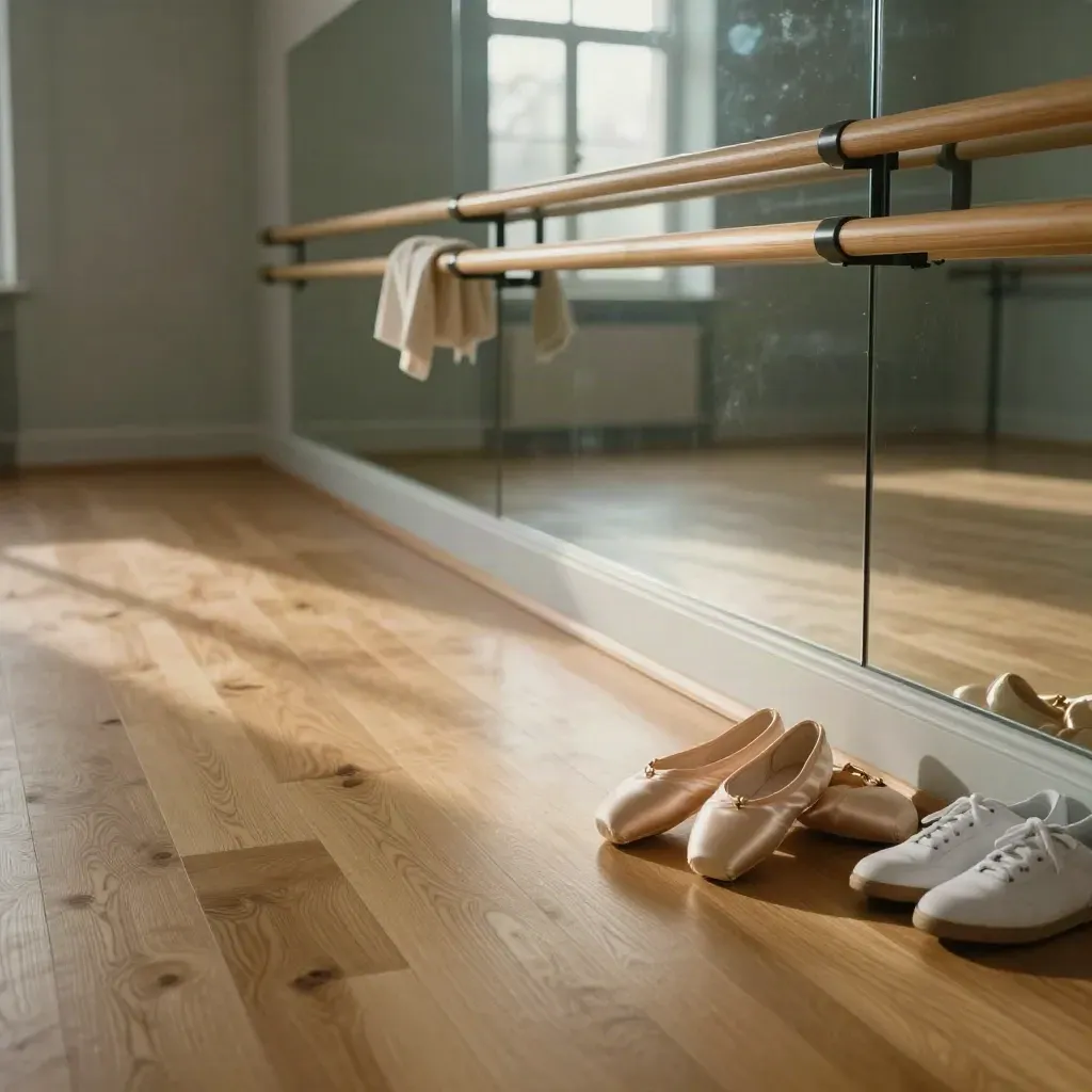 Lege dansstudio met spiegel, barre, schoenen en ochtendlicht op de houten vloer.