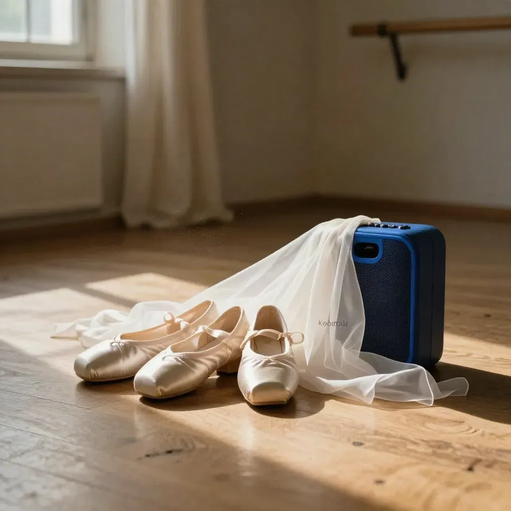 Satijnen dansschoenen, sluier en speaker in warm daglicht voor bruidsdanscoaching.