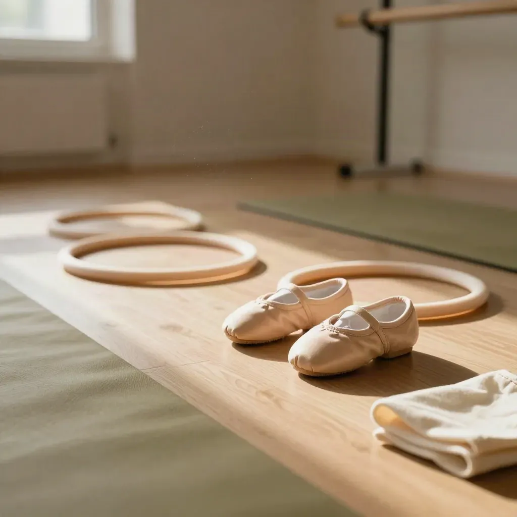 Kleine dansschoentjes en foam hoepels langs een houten barre in een zonnige kidsstudio.