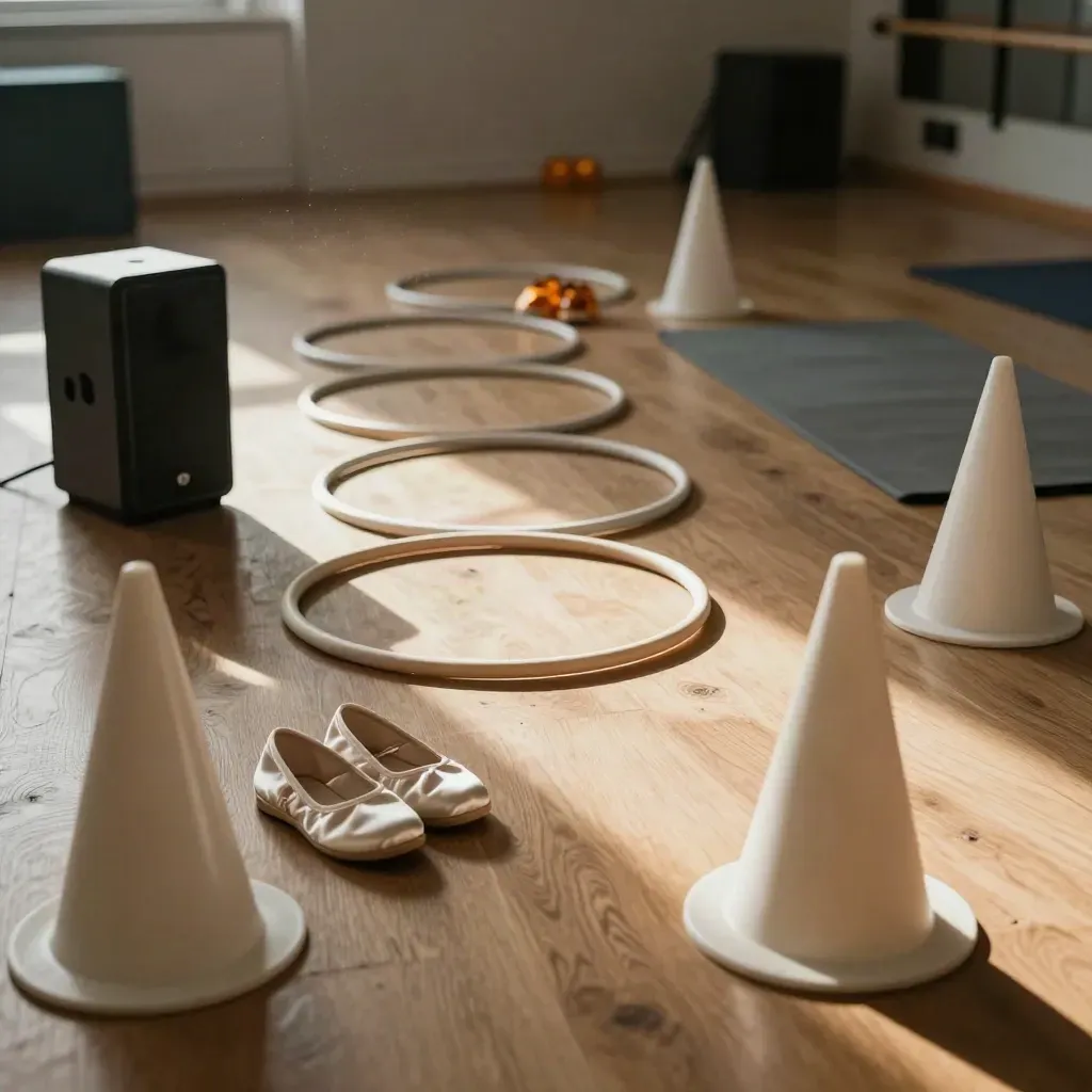 Lege danshoek in een dansstudio met pionnen, hoepels, schoentjes en speaker