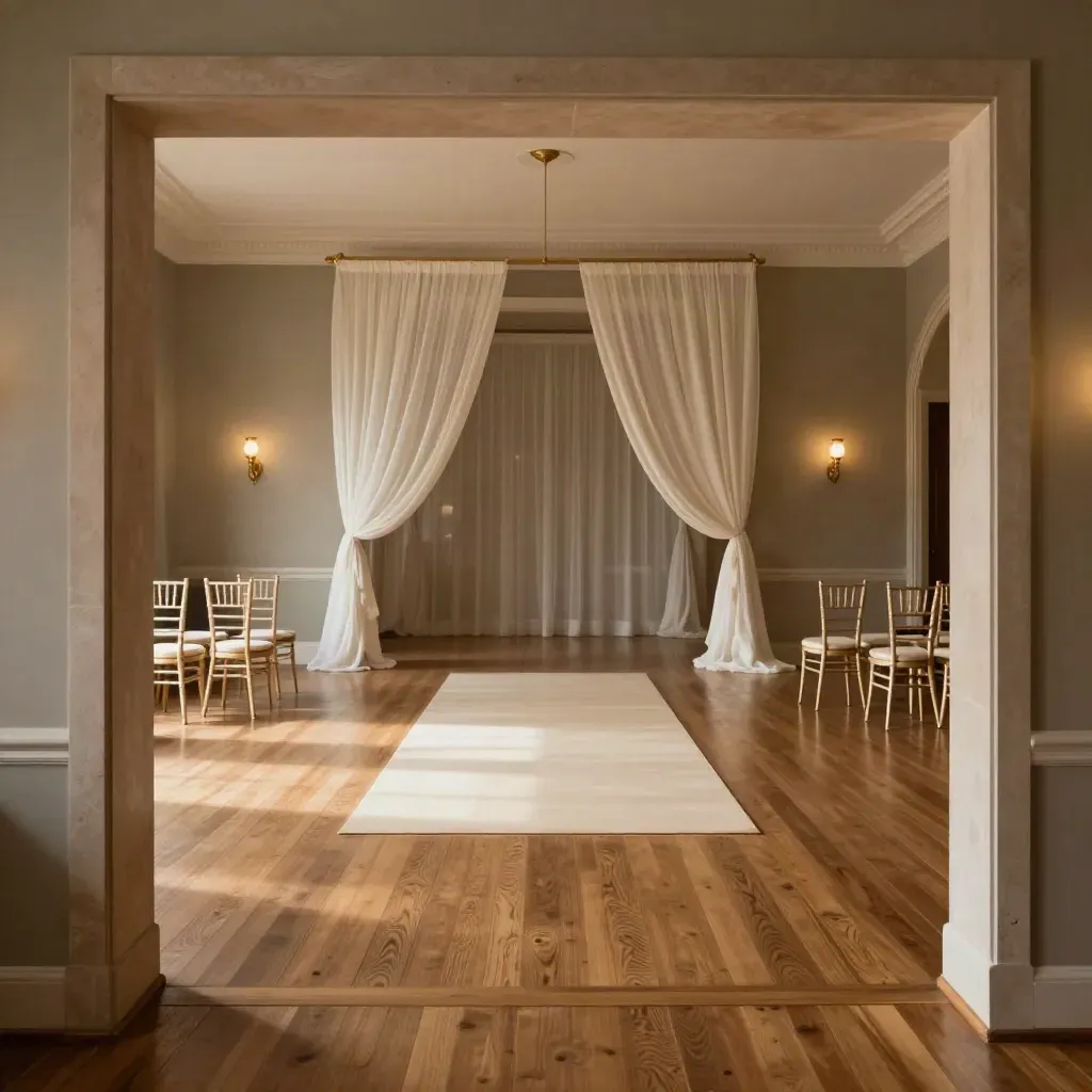 Lege trouwzaal met warme dansvloer, teruggeschoven stoelen en zachte goudgele uplights.