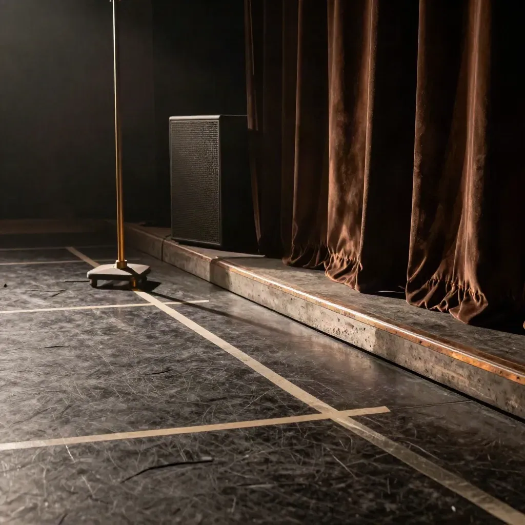 Lege repetitievloer met tape, cue-licht, speaker en zachte podiumhaze.