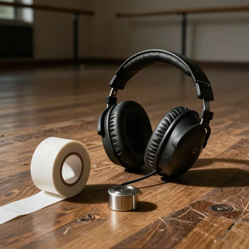 Rehearsal headset, tape en cue light op een dansvloer in dramatisch licht.