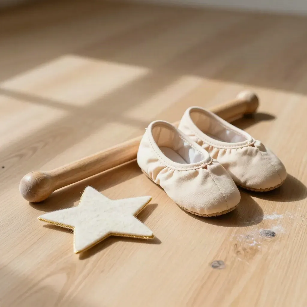 Kinderdansslippers, ritmestokjes en een vilten ster op een houten studio-vloer