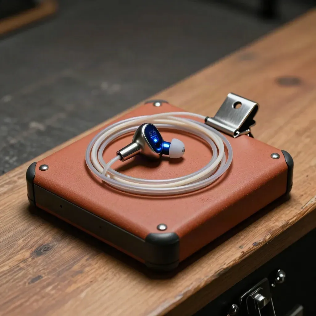 In-ear monitorcoil, cue light en metalen clip op een terracottakleurige repetitieriser in dramatisch licht.